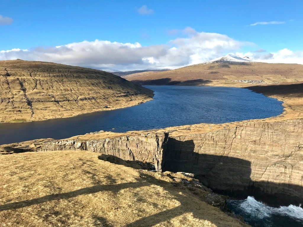 The view of Lake Sorvagsvatn over the ocean one of the main sights of Faroe Islands