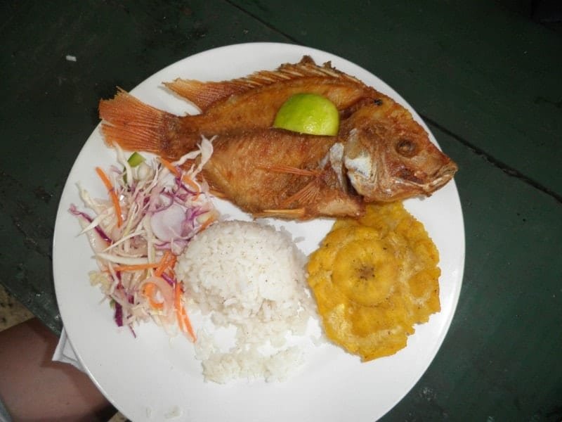 Caribbean coast of Colombia in two weeks - Hungry in Santa Marta? Enjoy the fried fish with coconut rice and the and patacones (fried cooked bananas)
